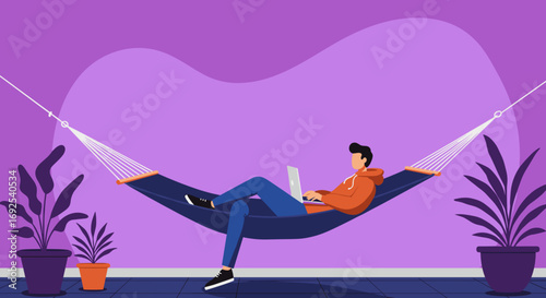 Man working remotely on a laptop while relaxing in a hammock, symbolizing flexible work-life balance and comfortable productivity. Ideal for lifestyle and business concepts.