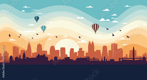 Vibrant cityscape at sunset with hot air balloons soaring above, evoking adventure and urban dreams.
