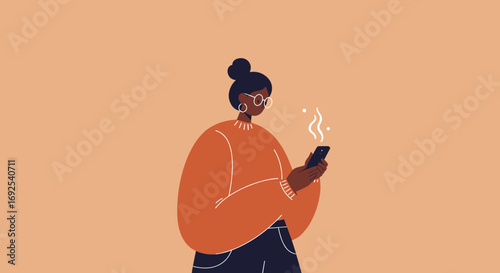 Illustration of a woman with glasses actively using her smartphone, engaged with digital content or communication. Represents modern lifestyle, technology, and connectivity.