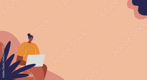 Modern woman working remotely on her laptop in a comfortable, abstract home environment. Ideal for themes of freelance, business, education, and digital lifestyle.