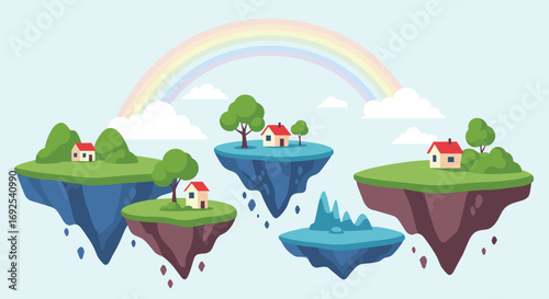 Whimsical floating islands with houses and a rainbow create a magical, dreamlike world.