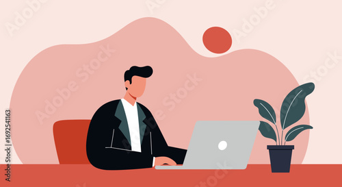 Professional man working focused on laptop at a modern desk with a plant. Ideal for business, productivity, remote work, or online learning concepts.