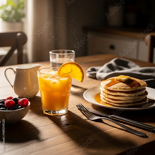 Breakfast Still Life - Pancakes, Orange Juice, and Fresh Berries on Wooden Table.
