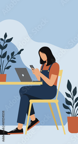 Woman focused on her smartphone with a laptop nearby in a modern, plant-decorated space. Ideal for remote work, digital communication, and contemporary lifestyle or business.
