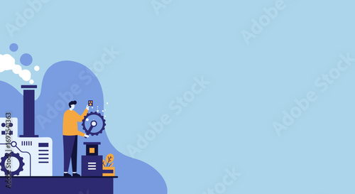 Man working in a factory environment, engaged in production or maintenance. Illustrates industrial processes, technology, and engineering solutions.