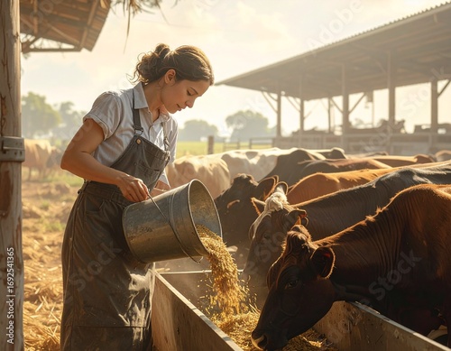 A Woman Feeding Cows on a Farm with Rustic Barn and Sunny Day
