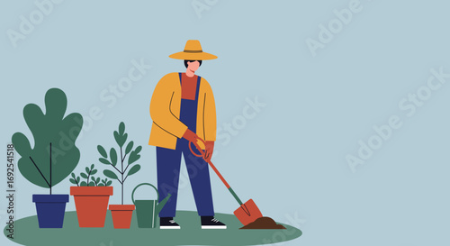 Person gardening outdoors, digging soil near potted plants and a watering can. Represents hobby, nature connection, and sustainable lifestyle.
