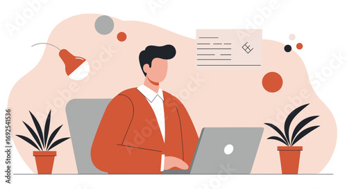 Dedicated professional working remotely on a laptop in a stylized home office. Represents productivity, online business, and digital lifestyle.