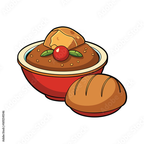 Hearty beef stew in a bowl with a golden brown bread roll on a clean white background for food advertising