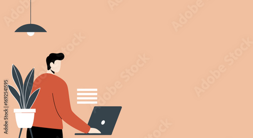 Person works on laptop in a minimalist home office, representing remote work, productivity, and modern lifestyle. Ideal for business, education, or technology themes.