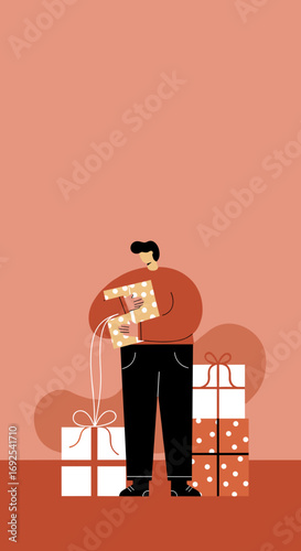 A cheerful man unwraps a polka-dotted gift box, surrounded by festive presents. Perfect for holiday sales, celebrations, and special occasions.