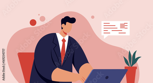 Professional businessman working on laptop, engaged in online communication or virtual meeting. Ideal for business, technology, and corporate themes.