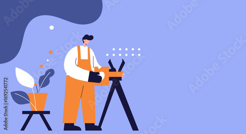 Focused worker in overalls operating a precision device on a tripod, symbolizing innovation, engineering, or detailed industrial work.