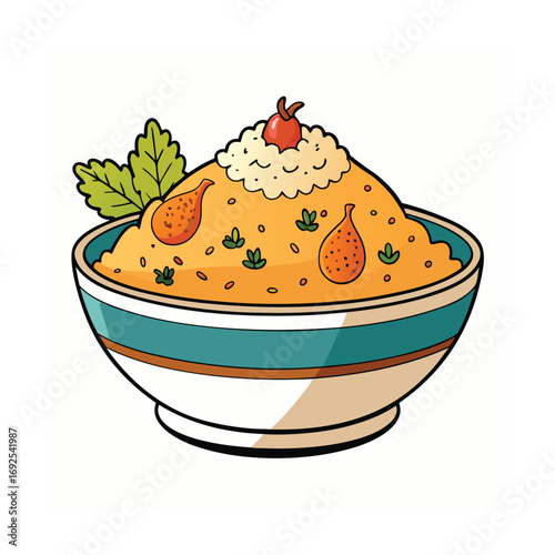 Flavorful biryani rice with tender chicken spices and fresh herbs culinary illustration