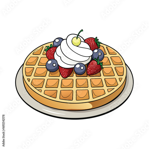 Delicious belgian waffles topped with fresh berries and fluffy whipped cream illustration