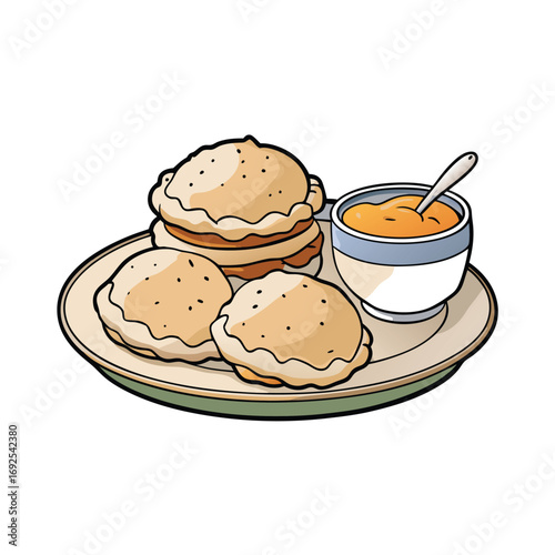 Delicious biscuits and savory gravy with a spicy peppered sauce presented on a clean white background