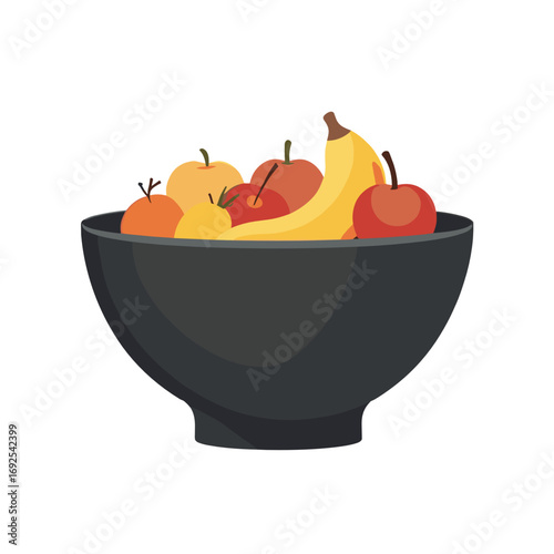 Cartoonish dark bowl overflowing with various fruits, representing healthy eating, fresh produce, and abundance.