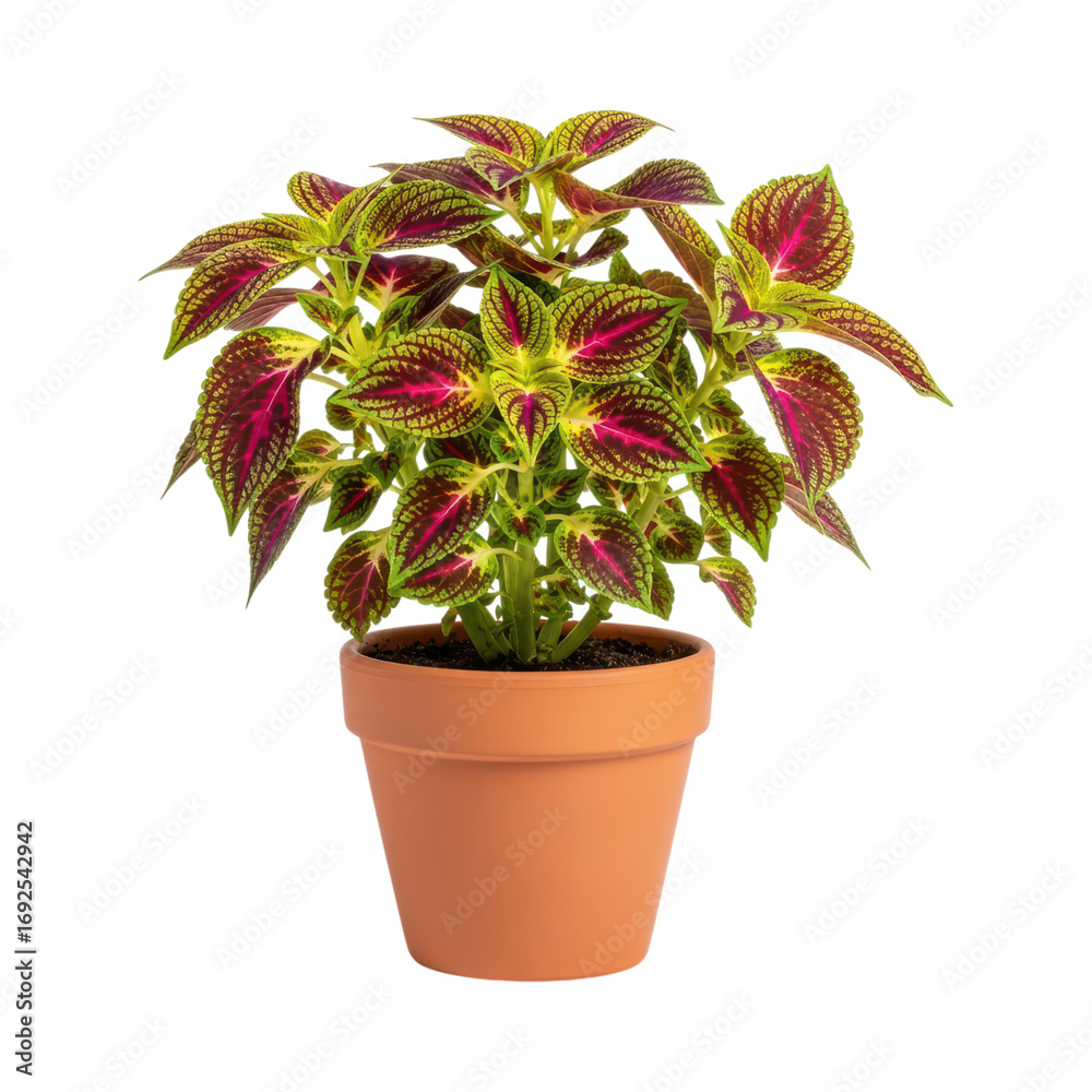 Fototapeta premium Vibrant coleus plant with multicolored leaves in terracotta pot on transparent background