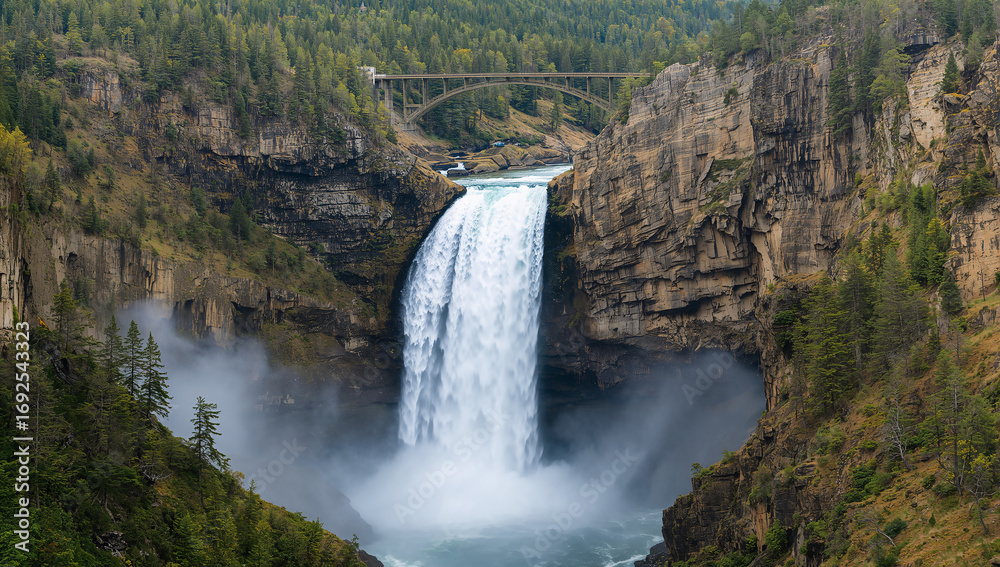 Fototapeta premium Dramatic Waterfall Cascading Down Rocky Cliffside View