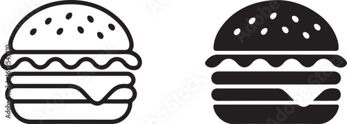 Black and White Hamburger Icons Two Styles Outline and Solid Food Illustration fast food
