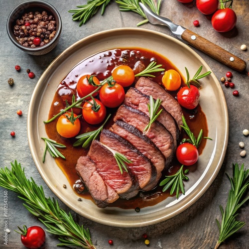 Juicy sliced roast beef with cherry tomatoes and rosemary in rich sauce
