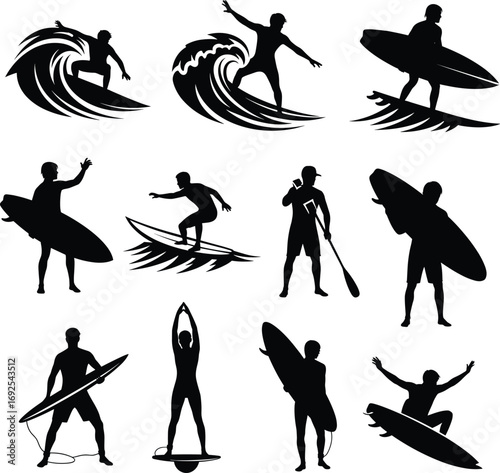Surfing silhouettes, surfers riding waves, surfboards, standing with surfboard, paddleboarding, ocean sports, wave riding, summer water activities.