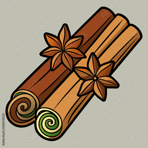 Brown and gold star anise with cinnamon sticks on a wooden background