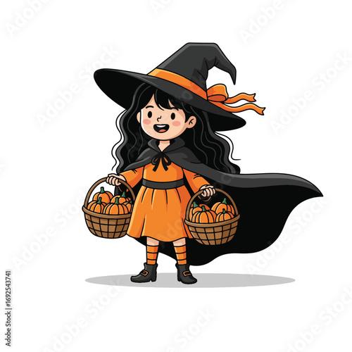An adorable little girl in a witch costume with a pointed hat and cape, carrying two baskets of pumpkins.