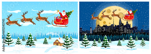 Santa Claus flying in sleigh with reindeer over winter landscape and night city. Christmas eve background for holiday celebration.