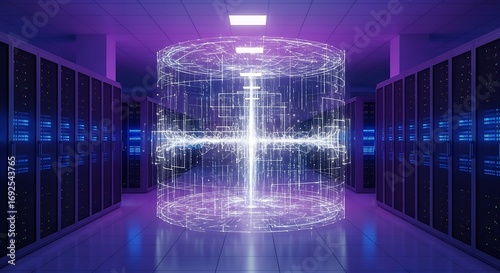 Futuristic Data Center with Holographic Core and Server Racks.