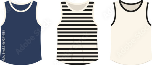 Sleeveless tank top fashion design, striped, solid, navy, cream, black trim, cad drawing flat vector illustration, apparel template, isolated
