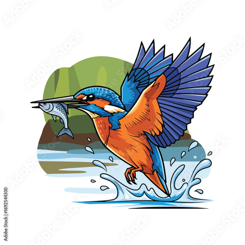 A vibrant kingfisher illustration, flying above water with a fish in its beak, set against a green landscape.