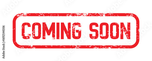 Grunge rectangle sign saying coming soon, worn edges and scratches. Bold typographic badge for promotion alert announcement