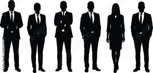 Silhouettes of confident business people, professional men and women, formal suits, standing posture, corporate team, black and white, isolated vector