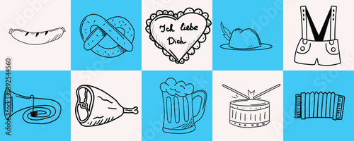 German festival doodle set arranged in checkerboard layout, hand drawn black lines on blue blocks, traditional celebration elements