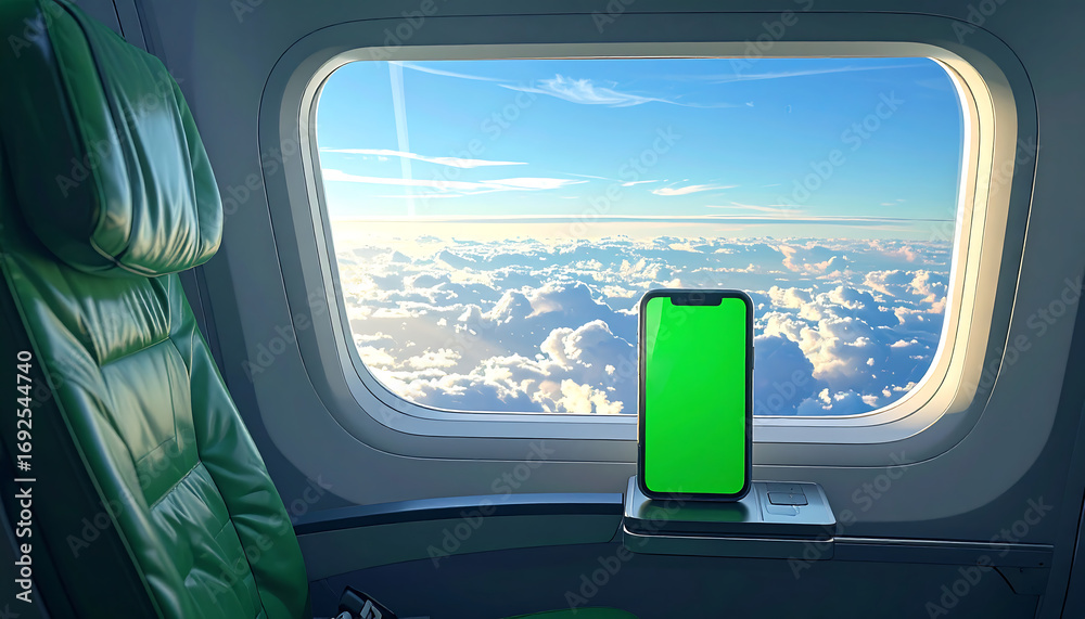 Naklejka premium Smartphone with green screen on airplane window seat overlooking clouds