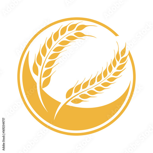 Golden wheat stalks inside a circular emblem on white background grain cereal