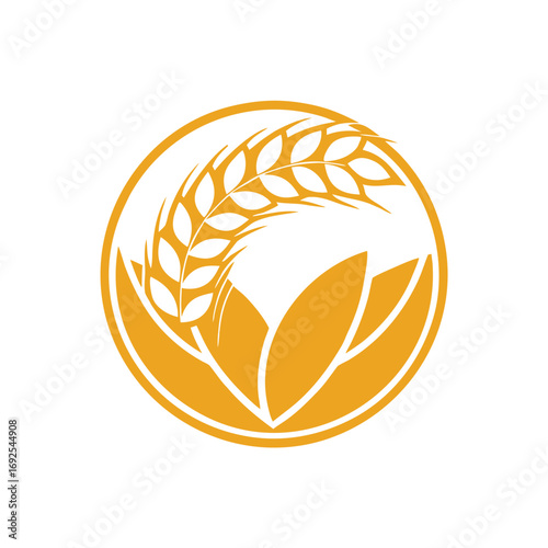 Orange wheat stalk and leaves inside a circular frame graphic grain cereal