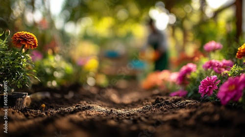 garden soil ground level view with pink flowers and bokeh effect in sunlight macro photography