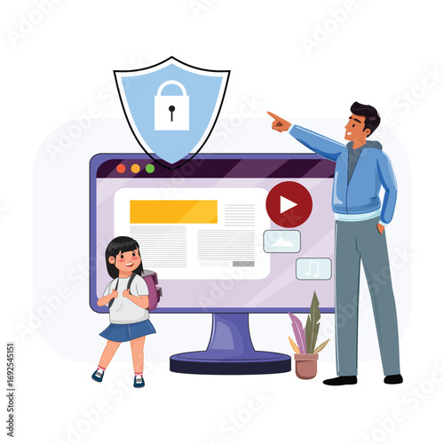 School child with backpack and dad near desktop monitor explaining safe browsing. Large shield with padlock symbol highlights security. Parenting control