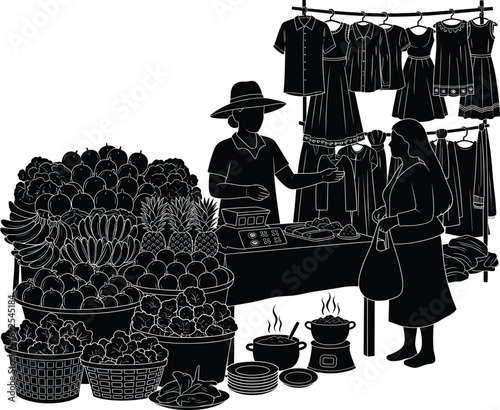 Traditional street market scene silhouette, local vendor selling fruits, vegetables, clothes, and food, outdoor shopping, cultural lifestyle illustration, black vector art.