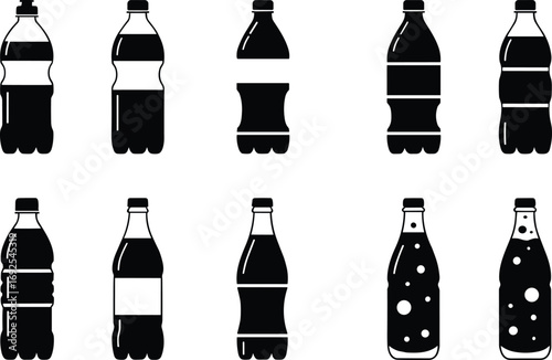 Soda bottle icon set, plastic drink bottle silhouette, carbonated beverage, cola container vector, soft drink bottle black white design
