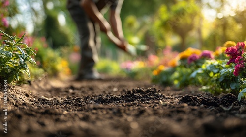 close up garden soil with blurred flowers background macro photography cultivation planting nature