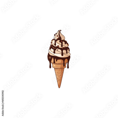 A delicious soft serve ice cream cone with swirled vanilla and drizzled with dripping chocolate sauce.