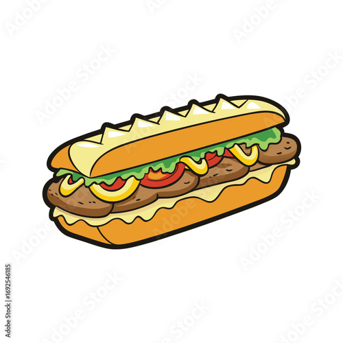 Delicious cheesesteak sandwich illustration with vibrant peppers and perfectly melted cheese