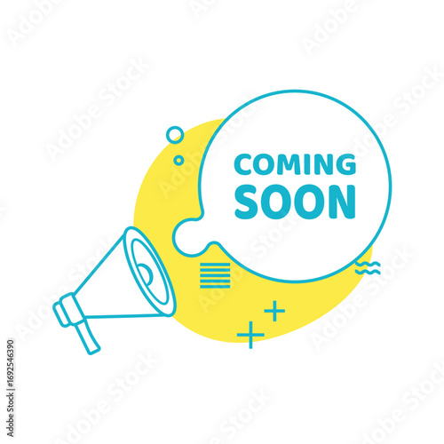 Minimal coming soon vector with loudspeaker, rounded bubble, playful shapes, bright yellow highlight, social media teaser template