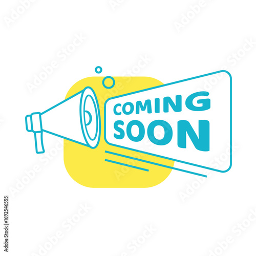 Loudspeaker projects coming soon text inside skewed frame, playful modern vector for launch teaser, website header, marketing