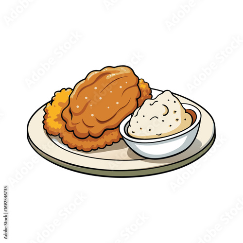 Delicious chicken fried steak with creamy gravy and fluffy mashed potatoes food illustration