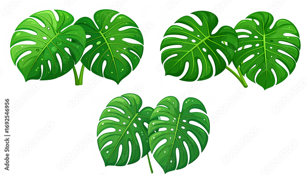 Obraz premium set vector illustration of monstera green leaves