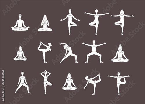 Women practicing various yoga poses, meditation, stretching exercises, balance and flexibility, mindfulness, wellness, fitness routine, yoga workout, healthy lifestyle, relaxation techniques